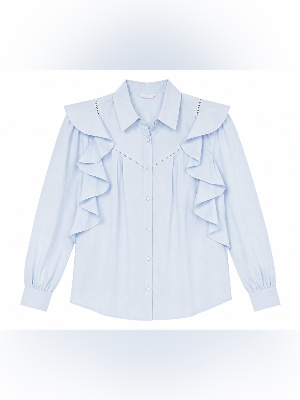 Stradivarius Women’s Light Blue Ruffle Button-Up Cotton Blend Blouse Size Small